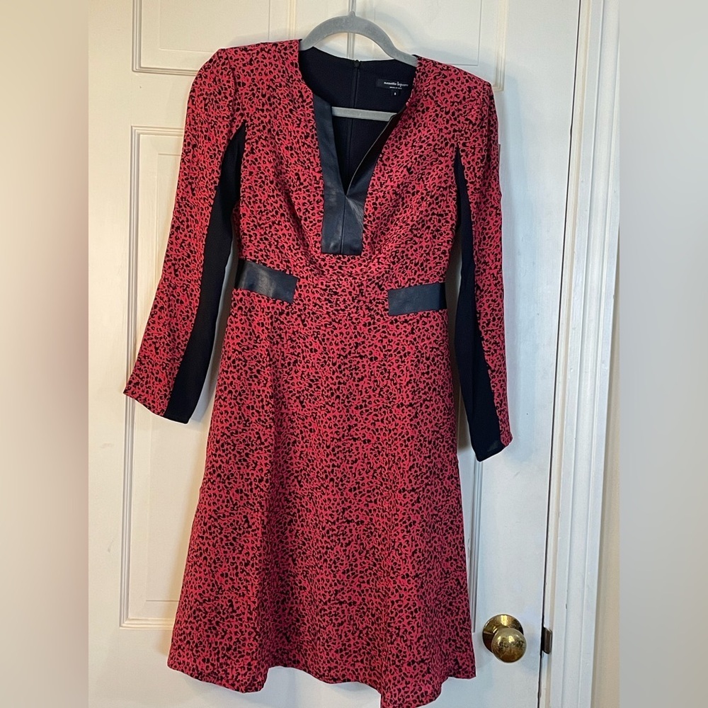 Nanette Lepore Womens Size 0 Pink Black Leopard Print Silk Leather Trim Dress